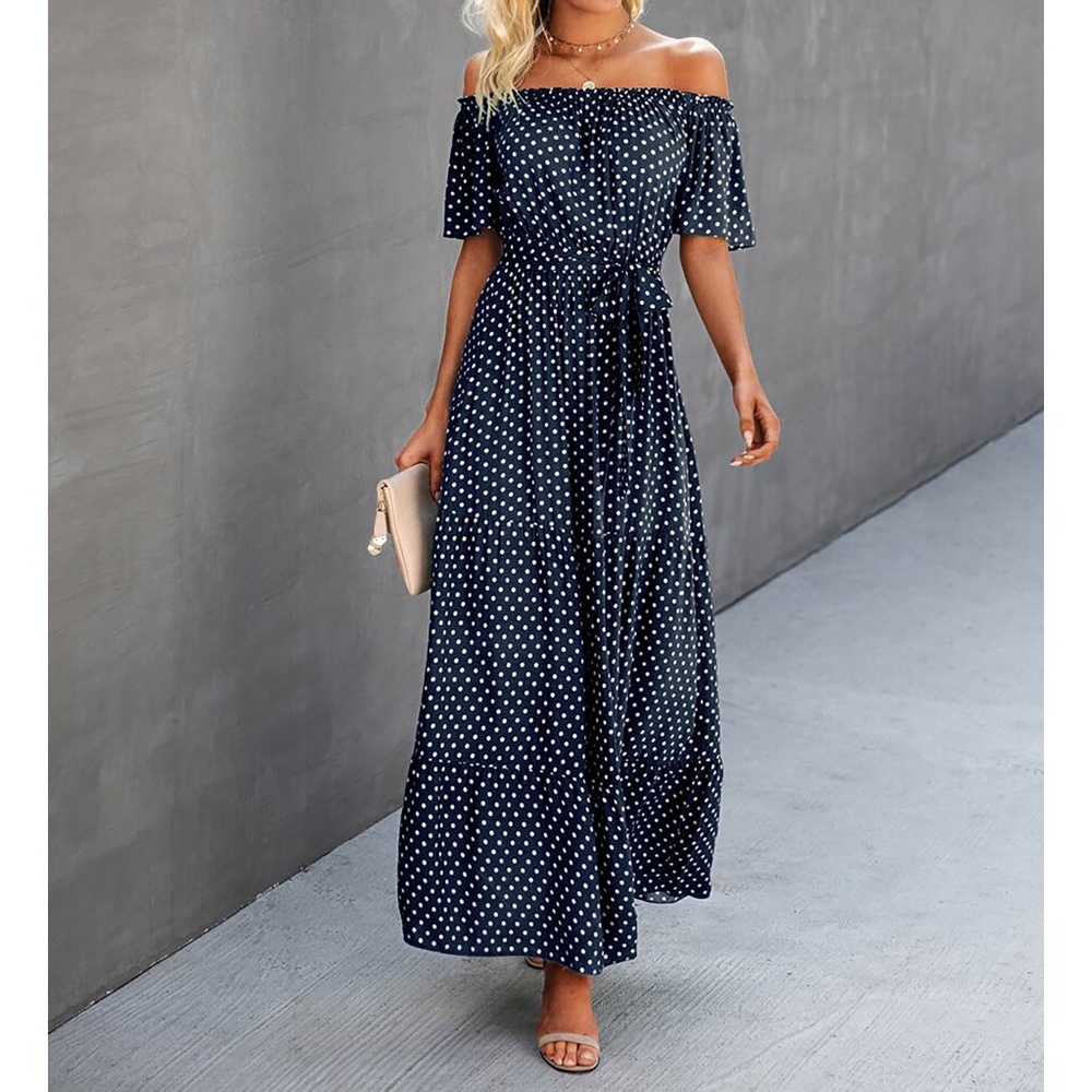 Navy Blue White Polka Dot Off the Shoulder Belted Flounce Maxi Dress